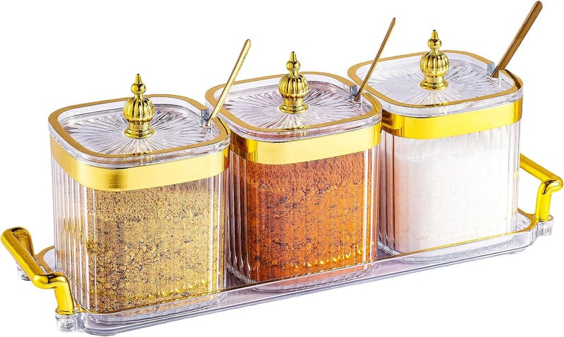 EABOSON 3 Pack Clear Condiment Spice Jars with Lids, Spoons, Tray - Plastic Seasoning Box Set for Salt, Pepper, Sugar - Kitchen Storage - Image 1